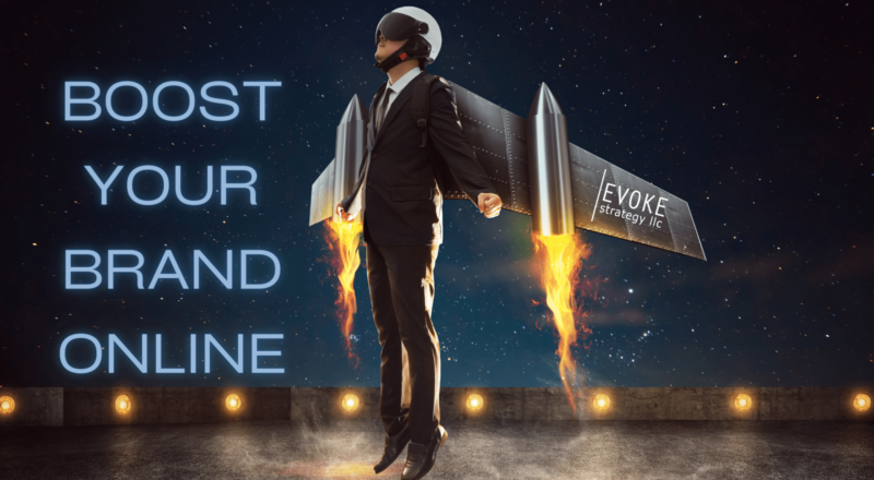 a man with a rocket pack with text stating: boost your brand online