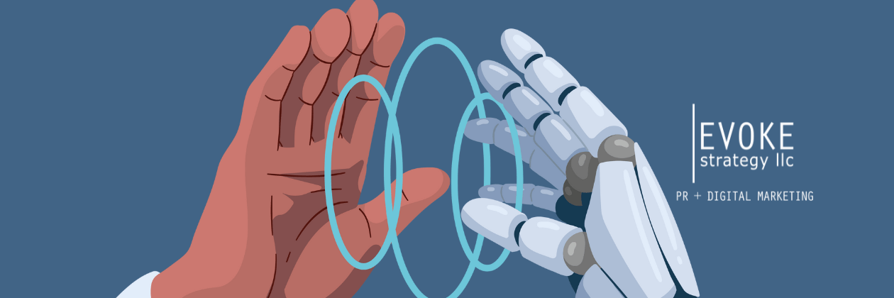 A human hand high-fiving a robot hand with the text Real Ways Small Businesses Can Use AI