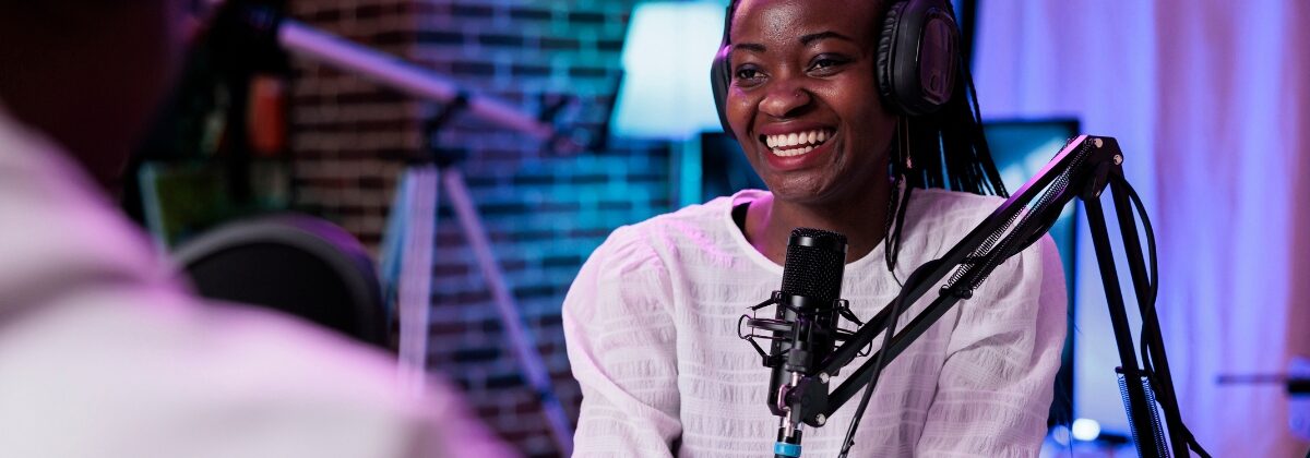 African American woman doing podcast interview