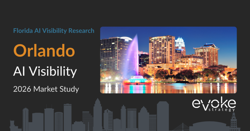 Orlando AI Visibility Research 2026 market study cover featuring the Orlando skyline and Evoke Strategy branding.
