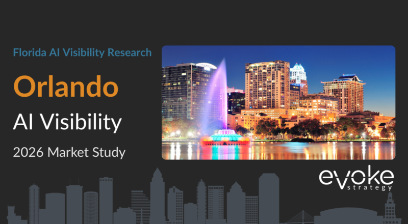 Orlando AI Visibility Research 2026 market study cover featuring the Orlando skyline and Evoke Strategy branding.