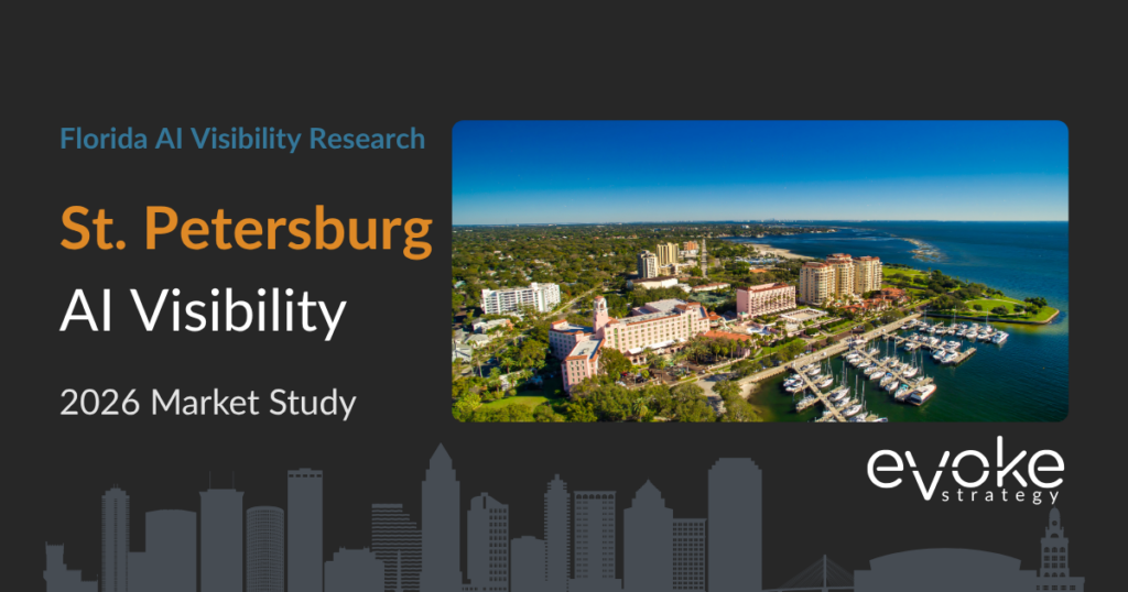 St. Petersburg AI Visibility Research 2026 market study cover featuring the St. Petersburg skyline and Evoke Strategy branding.