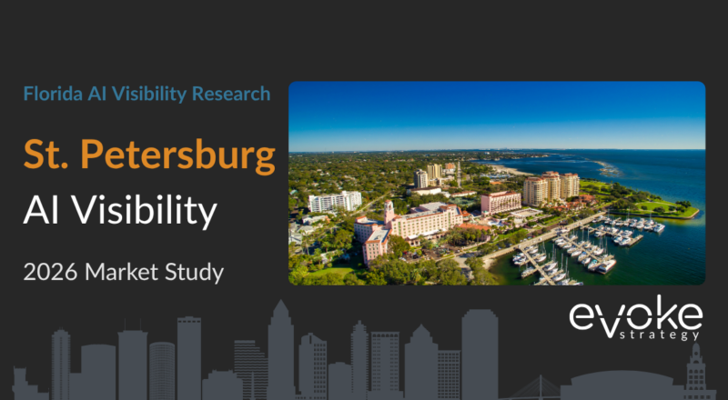 St. Petersburg AI Visibility Research 2026 market study cover featuring the St. Petersburg skyline and Evoke Strategy branding.